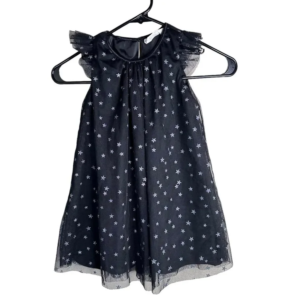 H&M Tulle Midi Dress Silver Star Print Ruffle Shoulders A-Line Lined Black 3-4Y